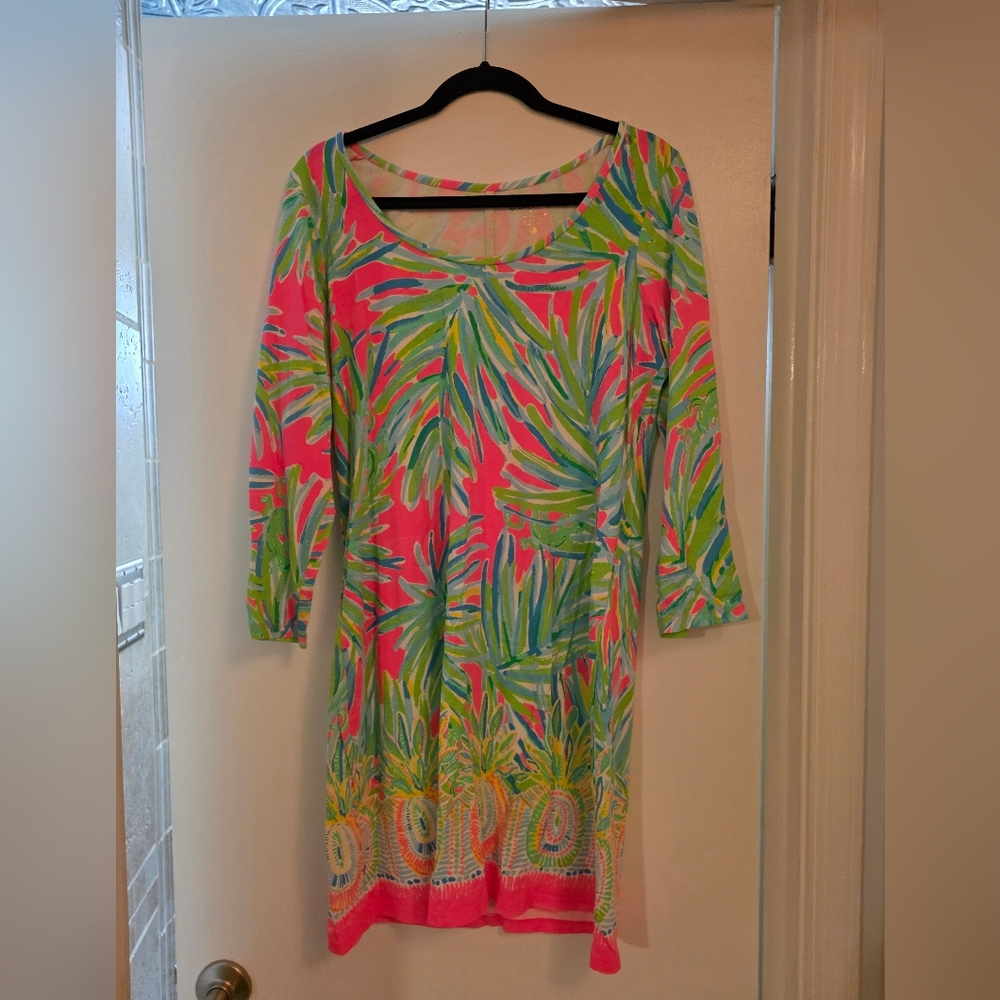Lilly Pulitzer Pink and Green Leaf Print 3/4 Sleeve Boatneck Dress